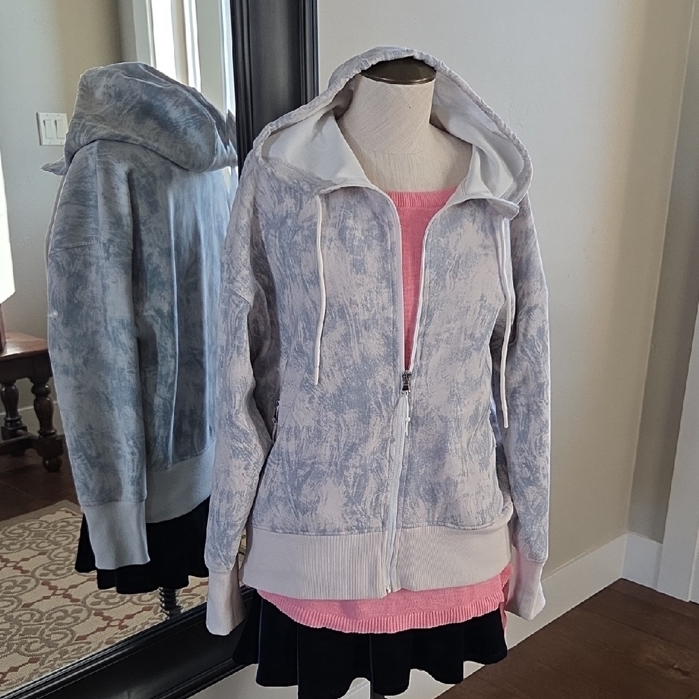 Old Navy Women's Blue and White Hooded Jacket Large Zipper Pockets Bottom Band